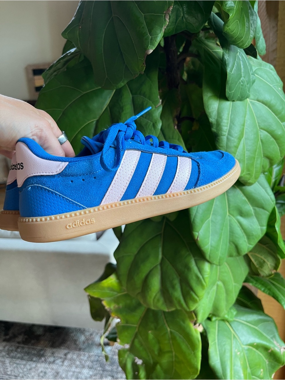 adidas Blue and White Suede Sneakers with Gum Sole